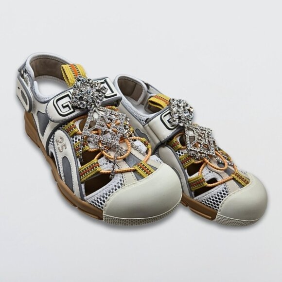 Gucci Tinsel Sport Sandals Mesh Fabric GG Crystal Chain White/Silver W 35.5 NIB - Picture 4 of 10